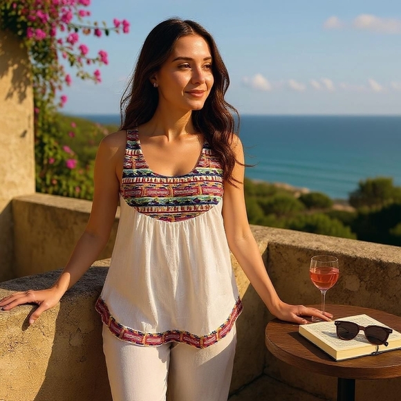 Chelsea & Violet Tops - Chelsea & Violet Cream Embroidered & Beaded Tank Top (XS)